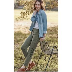 NWT J.JILL EMBROIDERED CUFFED KNIT ANKLE PANTS LIGHT CORIANDER OLIVE GREEN SZ L